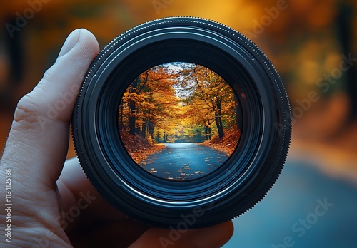 Autumn Road Through Colorful Fall Foliage Seen Through a Camera Lens