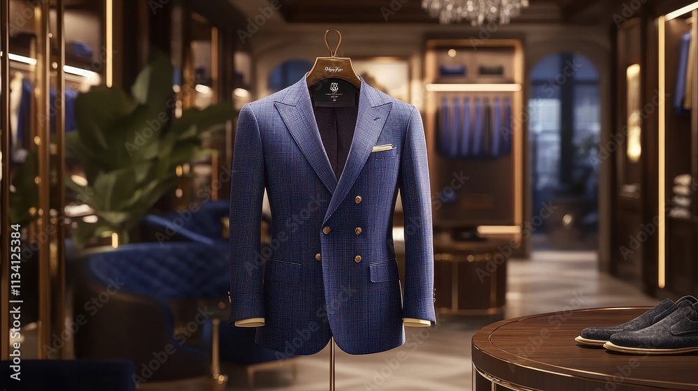 Blue double-breasted suit displayed in a luxury men's clothing store. Blue double-breasted suit displayed in a luxury men's clothing store.