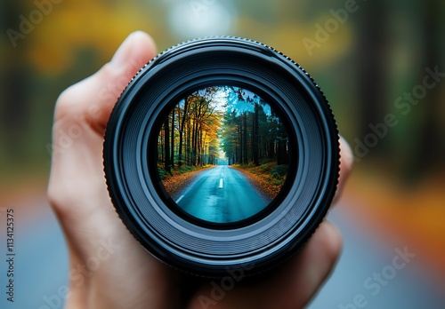 Autumnal Roadway Viewed Through Camera Lens