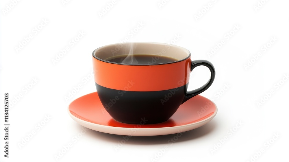 A steaming cup of coffee in a stylish two-tone mug on a matching saucer. A steaming cup of coffee in a stylish two-tone mug on a matching saucer.