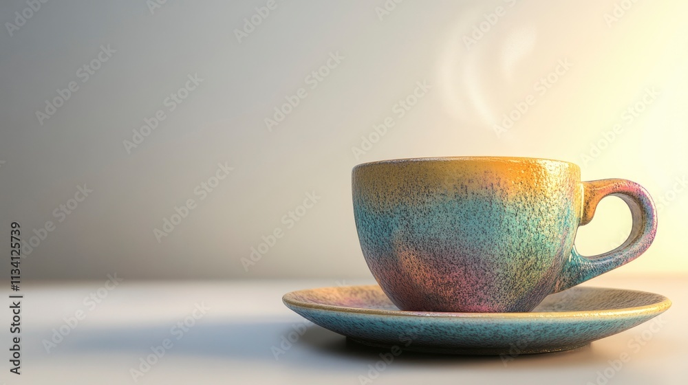 Obraz premium A colorful ceramic cup with steam on a plate, suggesting warmth and comfort.