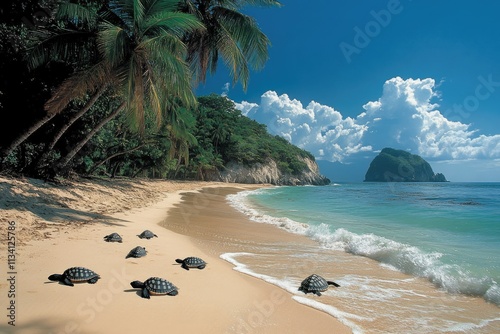 Baby sea turtles crawling to ocean on tropical beach photo