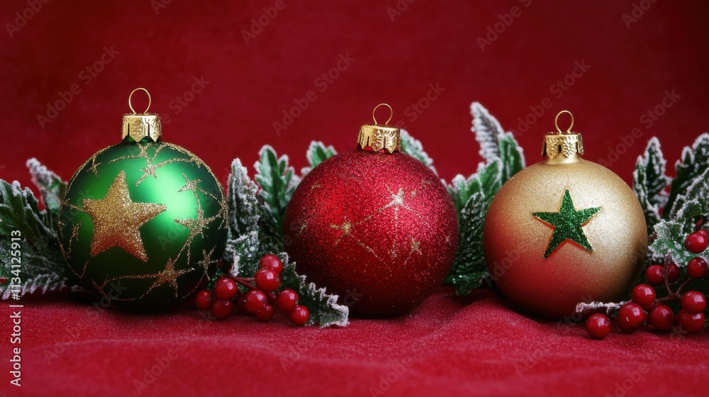Red, green, and gold baubles with star ornaments, mistletoe berries, and frosted spruce on a red background with copyspace Red, green, and gold baubles with star ornaments, mistletoe berries, and frosted spruce on a red background with copyspace