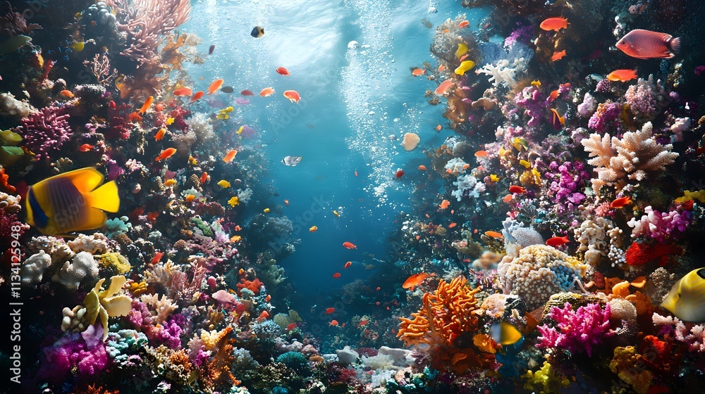 Naklejka premium A vivid underwater scene showing a dying coral reef surrounded by colorful sea creatures, illustrating the effects of ocean pollution and climate change on marine ecosystems