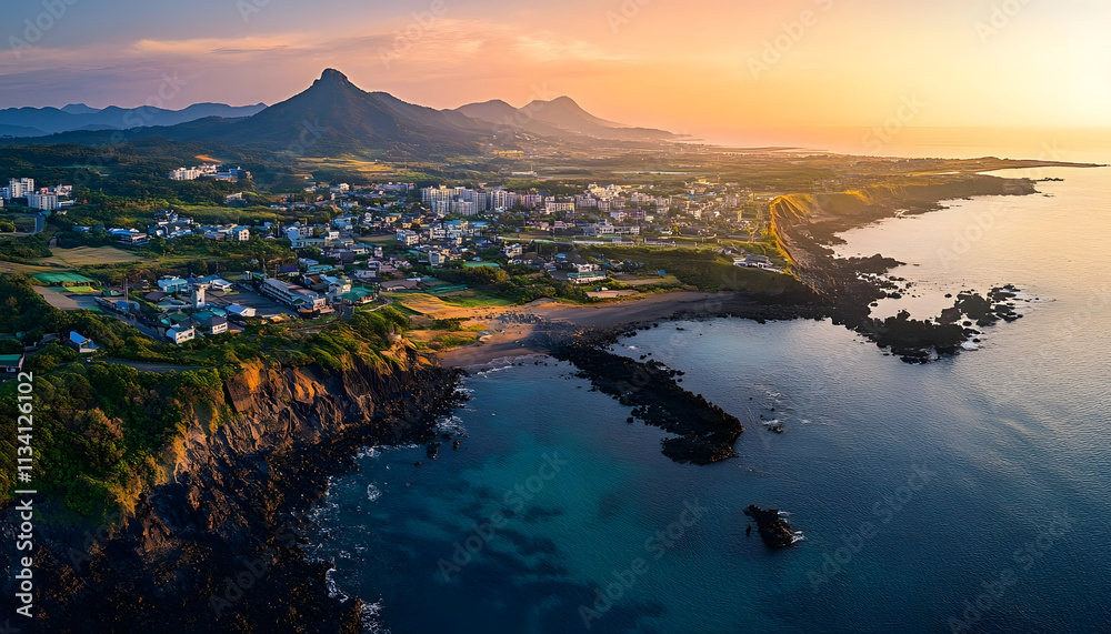 Obraz premium Coastal Town Sunset Aerial View