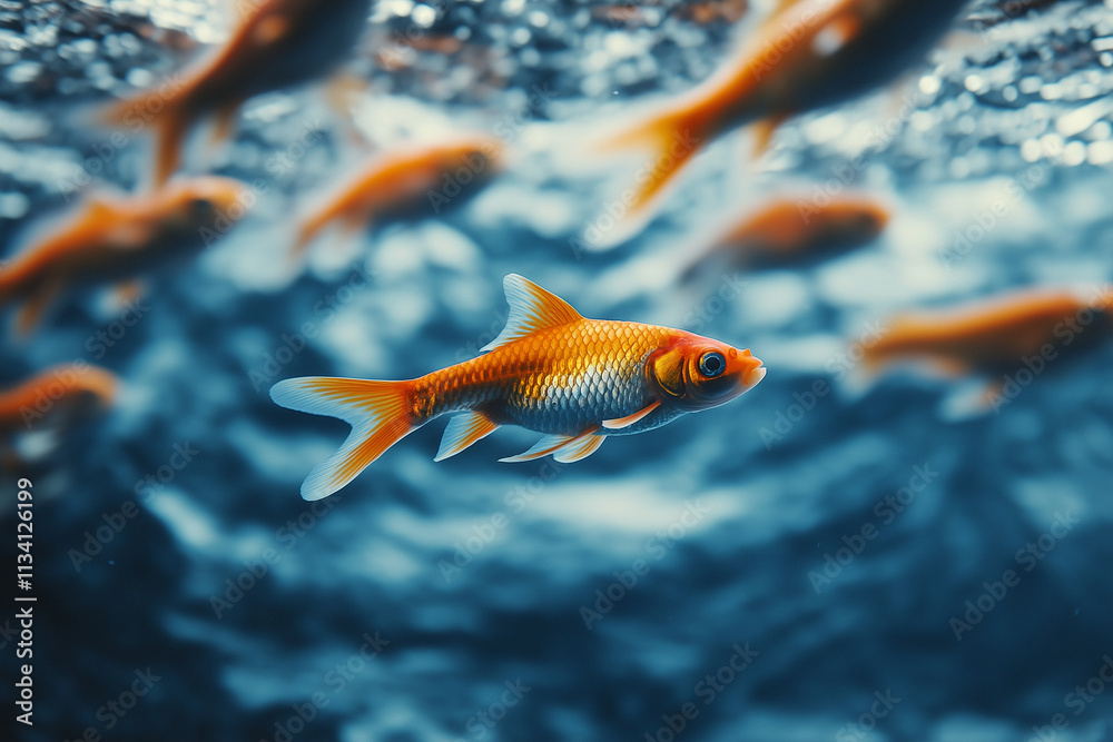 Naklejka premium Against the stream, opposite concept, leader goldfish