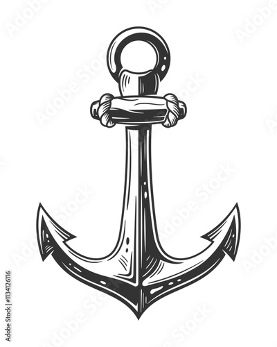 Vintage anchor isolated on white background. Engraving of anchor with ropes. Vector illustration photo