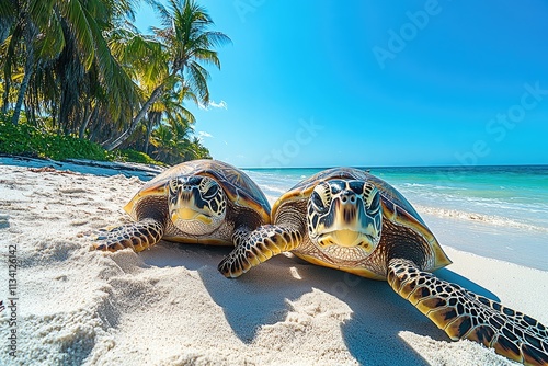 Two hawksbill sea turtles emerging from turquoise water onto pristine beach photo