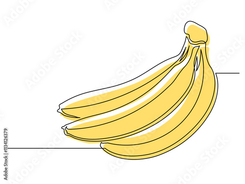 Continuous one line yellow banana bunch isolated on white background. Simple fruit silhouette. Hand drawn banana outline. Vector illustration