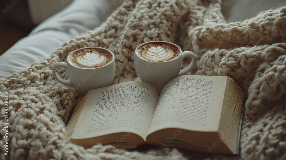 Cozy reading nook with two coffees and open book on soft blanket Cozy reading nook with two coffees and open book on soft blanket