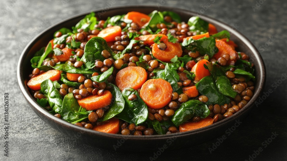 Lentil salad with spinach, carrot, and herbs in a bowl: promoting healthy eating Lentil salad with spinach, carrot, and herbs in a bowl: promoting healthy eating