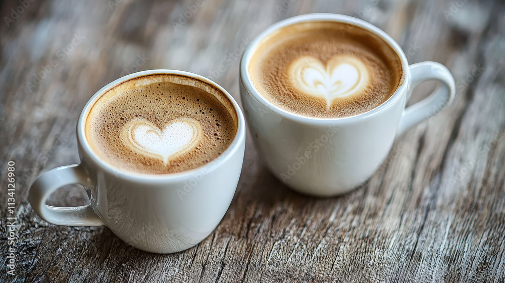 Warm morning coffee in heart shaped cups, perfect for sharing moments Warm morning coffee in heart shaped cups, perfect for sharing moments