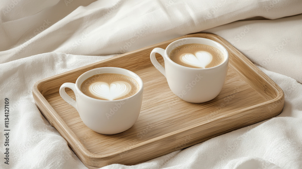 Warm coffee cups with heart foam on wooden tray in natural light Warm coffee cups with heart foam on wooden tray in natural light