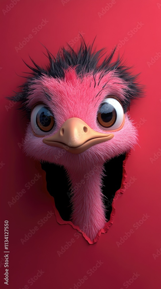 Fototapeta premium Pink ostrich peeking through torn red paper hole