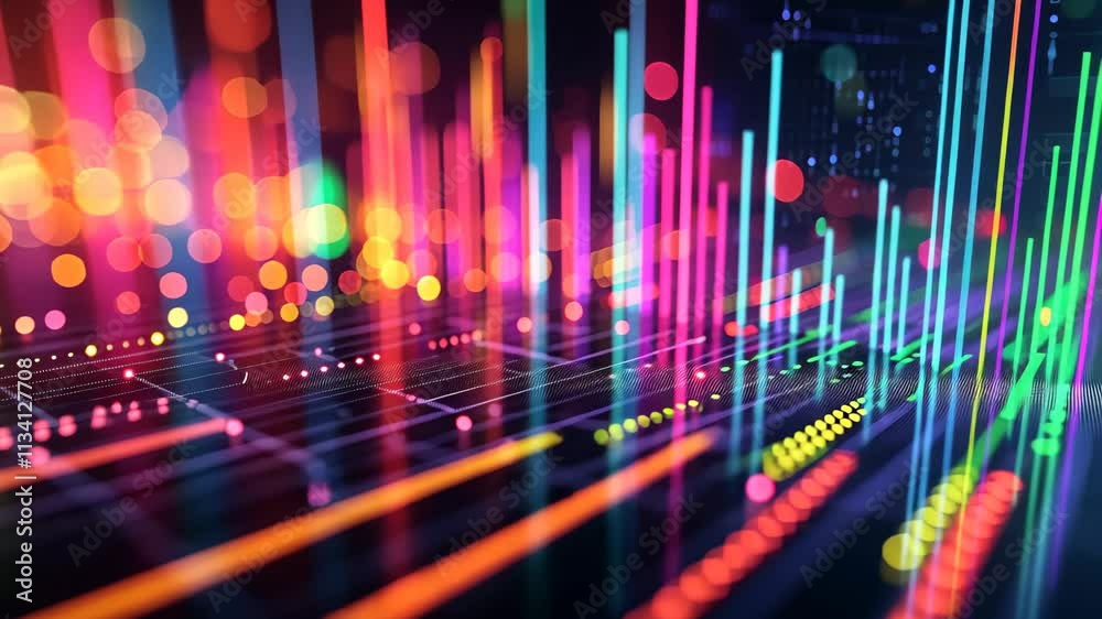 A vibrant backdrop featuring colorful lights and intersecting lines creating an energetic visual display, A volumetric graph showcasing different trading volumes