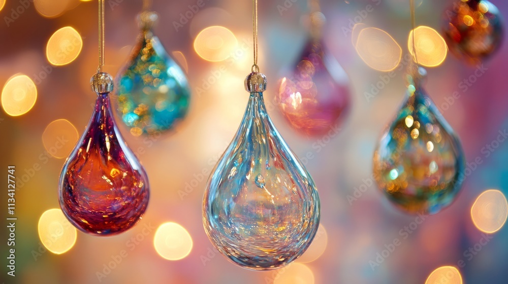 Artistic glass ornaments arranged with care, glimmering softly against a blurred background of sparkling fairy lights -
