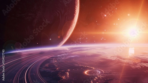 Mesmerizing space landscape featuring a glowing planet and colorful cosmic lights in the galaxy.