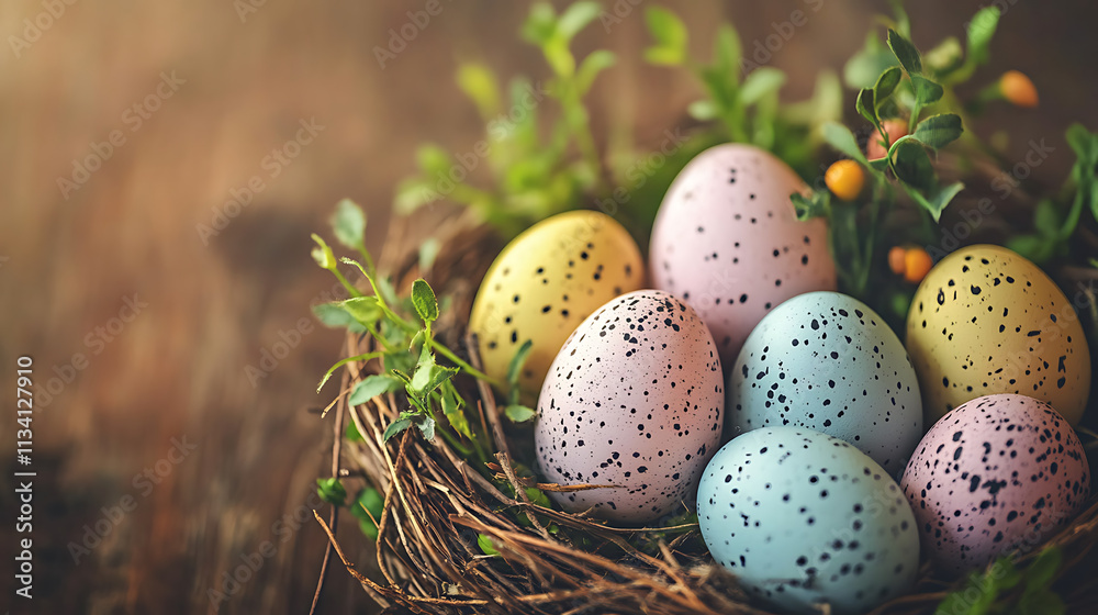 close up of nest filled with colorful speckled eggs and greenery close up of nest filled with colorful speckled eggs and greenery