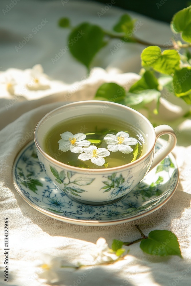 A serene cup of green tea adorned with flowers, resting on a decorative saucer. A serene cup of green tea adorned with flowers, resting on a decorative saucer.