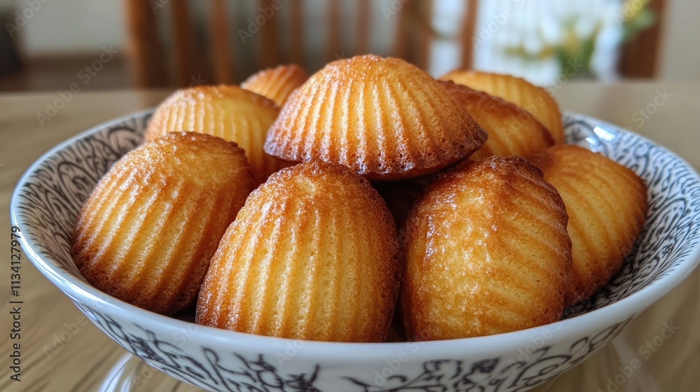 Delicious homemade madeleines sprinkled with powdered sugar resting on elegant plate