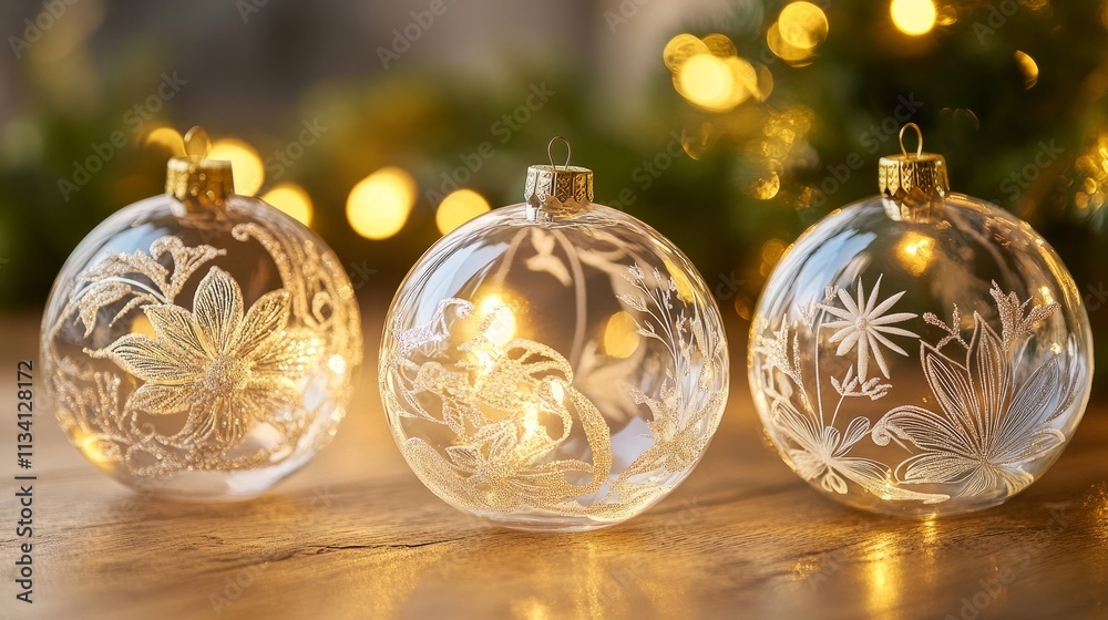 Close-up of translucent glass ornaments with delicate designs, set against the glow of golden holiday lights Close-up of translucent glass ornaments with delicate designs, set against the glow of golden holiday lights