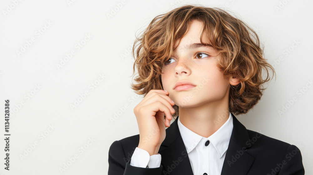 A thoughtful young boy in stylish black suit, with curly hair, gazes into distance, exuding sense of curiosity and contemplation. His expression reflects moment of introspection A thoughtful young boy in stylish black suit, with curly hair, gazes into distance, exuding sense of curiosity and contemplation. His expression reflects moment of introspection