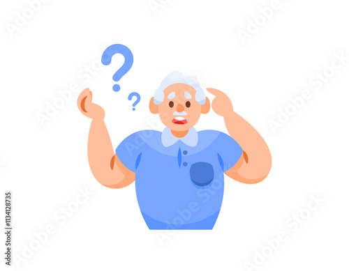 illustration of a confused looking grandfather. symptoms of memory disorder. amnesia, dementia, or Alzheimer's. memory problems and easy forgetting. flat style character design. elements