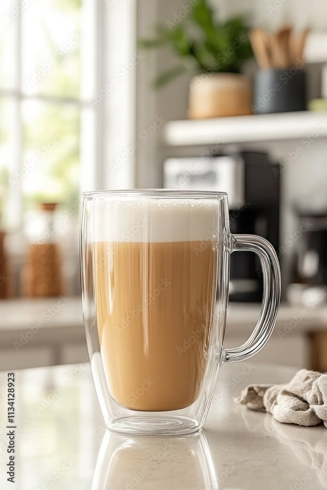 A latte in a clear glass mug sits on a kitchen counter, showcasing its creamy foam. A latte in a clear glass mug sits on a kitchen counter, showcasing its creamy foam.