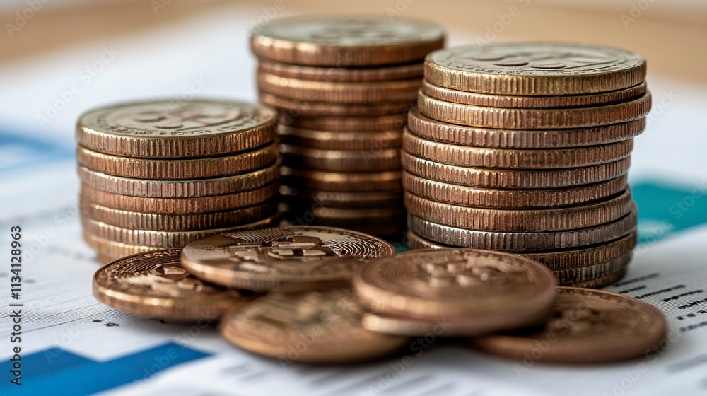 A city view overlayed with a diagram graph and rows of coins, showcasing the concept of investment and business growth within a financial context. A city view overlayed with a diagram graph and rows of coins, showcasing the concept of investment and business growth within a financial context.
