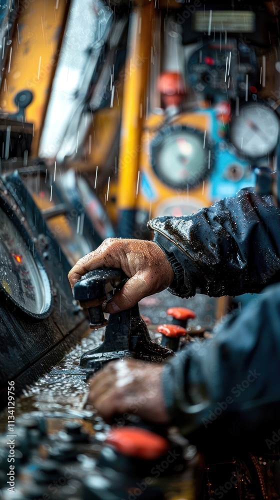 Close-up of weathered hands operating machinery in rain.