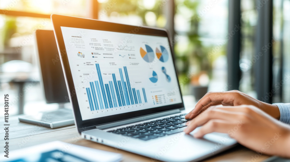 Data analysis and visualization on laptop screen, showcasing various charts and graphs. hands of person are engaged in typing, indicating active work in modern office environment