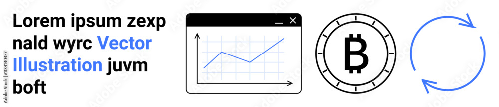 Computer graph on a screen, Bitcoin symbol, circular arrows. Ideal for cryptocurrency, trading, finance, investment, data analysis, digital currency, blockchain Landing page Computer graph on a screen, Bitcoin symbol, circular arrows. Ideal for cryptocurrency, trading, finance, investment, data analysis, digital currency, blockchain Landing page