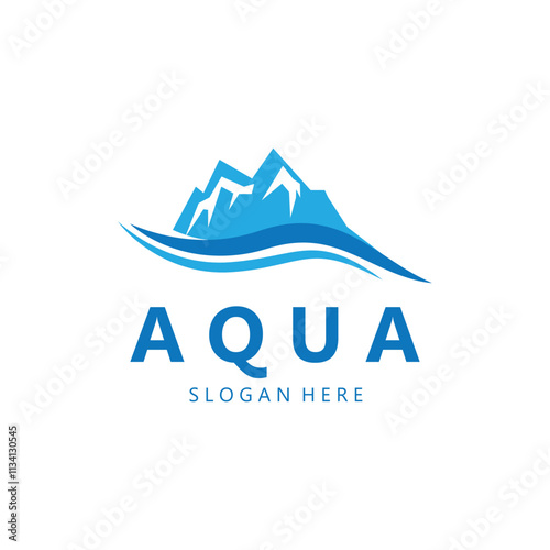 a blue logo with a mountain and water waves  water mountain logo  aqua logo  logo for business  mineral  natural photo