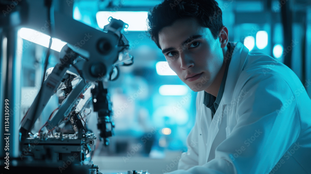 A young scientist focuses intently on a robotic mechanism in a bright laboratory filled with advanced technology. The atmosphere is modern and scientific, emphasizing innovation. A young scientist focuses intently on a robotic mechanism in a bright laboratory filled with advanced technology. The atmosphere is modern and scientific, emphasizing innovation.