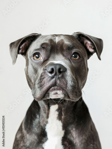 Realistic head on shot of dog with serious expression, showcasing its features and fur. This captures essence of bulldog character and charm