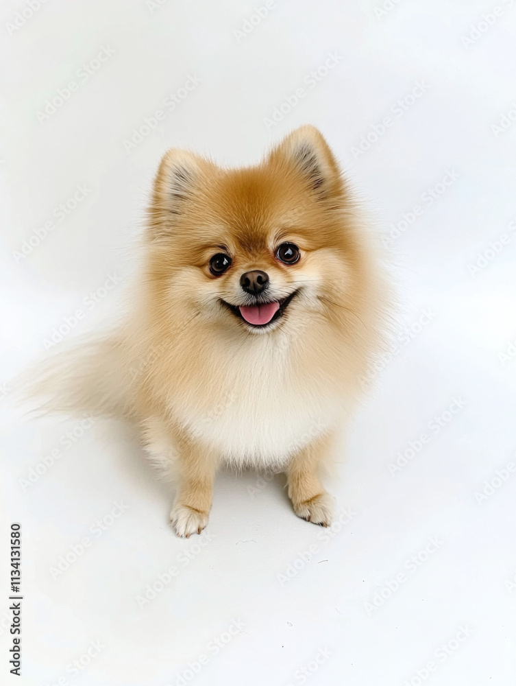 Fluffy Pomeranian dog sitting on white background, smiling happily. This adorable pet showcases its vibrant fur and playful personality, making it perfect companion Fluffy Pomeranian dog sitting on white background, smiling happily. This adorable pet showcases its vibrant fur and playful personality, making it perfect companion