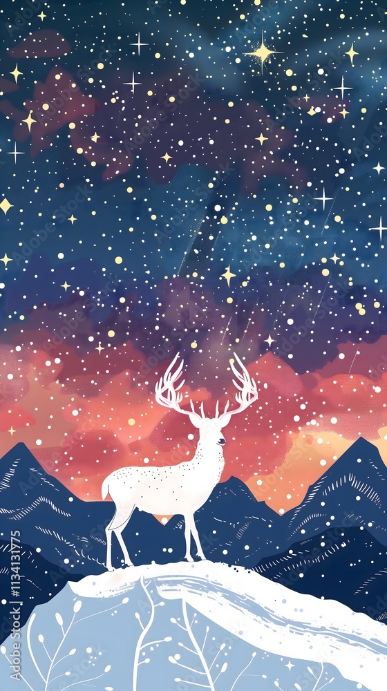 A majestic white deer with perfect antlers, on the mountain and the view of the stars in the beautiful sky