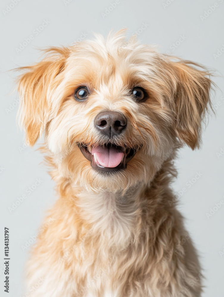 Close up portrait of smiling mixed breed dog with fluffy fur and bright eyes, exuding joy and warmth. This adorable canine captures hearts effortlessly Close up portrait of smiling mixed breed dog with fluffy fur and bright eyes, exuding joy and warmth. This adorable canine captures hearts effortlessly