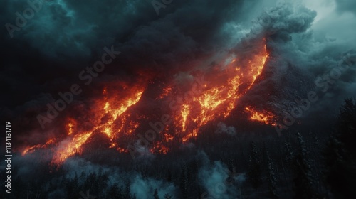 Impressive Forest Fire Under Dark Stormy Skies