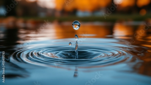 Macro photography of a water drop in motion just as it impacts a calm body of water creating a mesmerizing splash and spreading ripples outward.