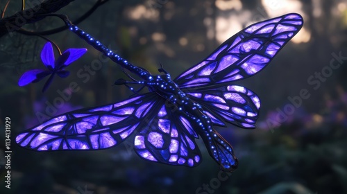 Glowing purple insect with intricate wings perched on a flower in a mystical forest. photo