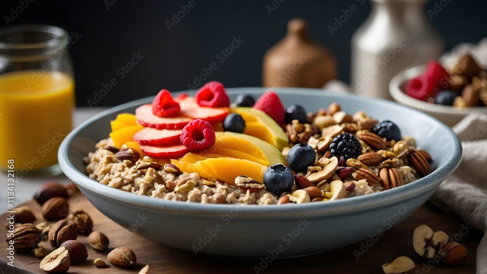Healthy Breakfast Bowl With Fruits and Nuts Served in a Cozy Kitchen Setting Healthy Breakfast Bowl With Fruits and Nuts Served in a Cozy Kitchen Setting