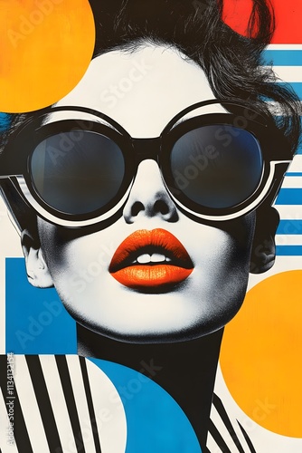 An art poster with bold colors and geometric shapes, featuring an elegant woman wearing stylish glasses. The background is filled with colorful stripes in orange, blue, yellow, white, red, and black