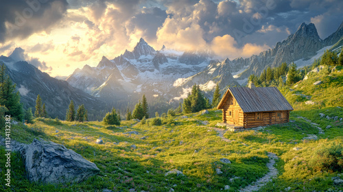 Charming wooden cabin nestled in the mountains at sunrise with dramatic skies and sun rays illuminating the serene alpine landscape