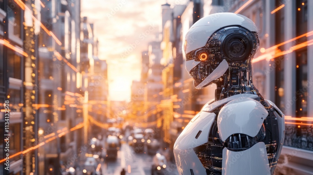 Futuristic robot in a city street at sunrise.