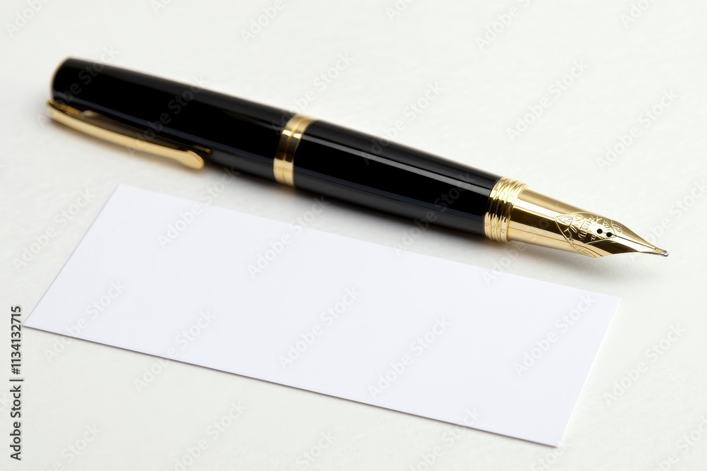 A black fountain pen rests beside a blank white card on a neutral surface. A black fountain pen rests beside a blank white card on a neutral surface.
