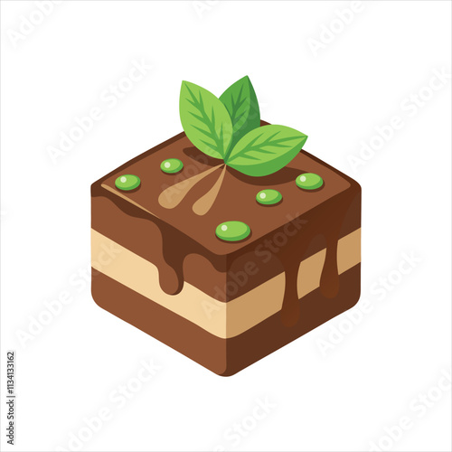 Brownie with Chocolate Drizzle and Mint Leaf Vector Art