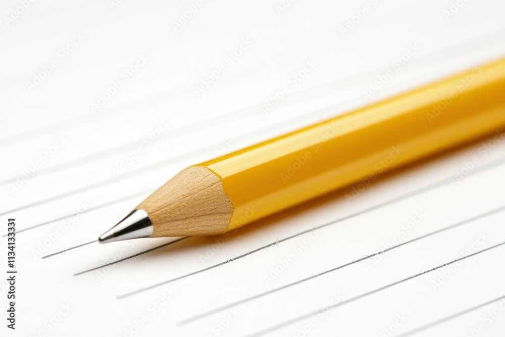 A yellow pencil resting on lined paper, ready for writing or drawing. A yellow pencil resting on lined paper, ready for writing or drawing.