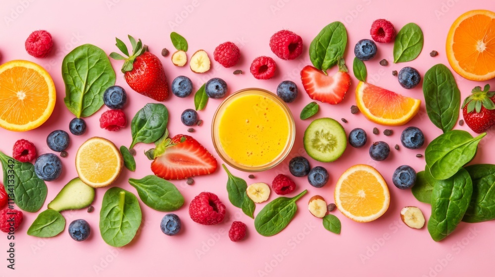 A Colorful Arrangement of Fresh Fruits, Berries, Spinach, and a Glass of Smoothie A Colorful Arrangement of Fresh Fruits, Berries, Spinach, and a Glass of Smoothie
