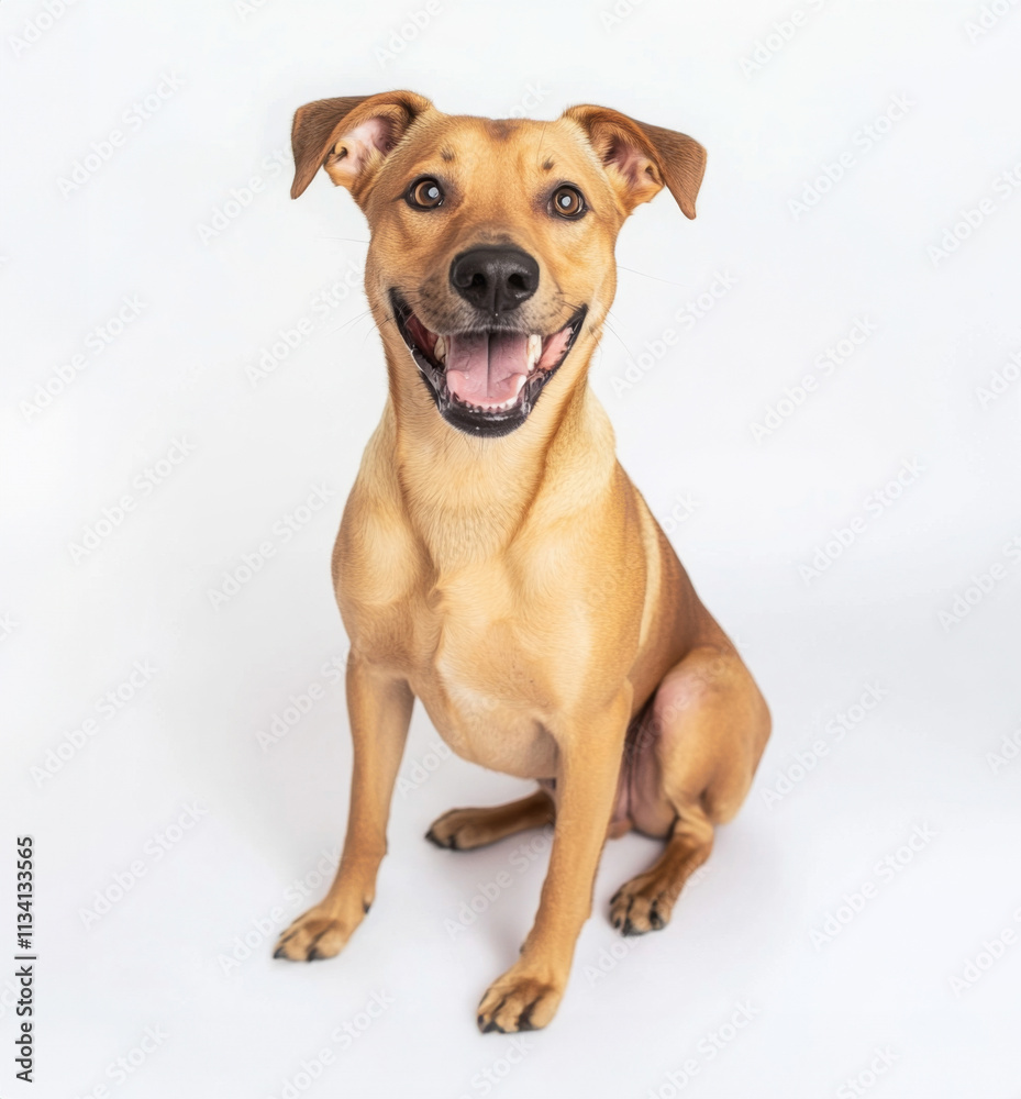 Happy medium sized tan dog sitting with joyful expression. This cheerful canine showcases friendly demeanor, perfect for pet lovers and animal enthusiasts Happy medium sized tan dog sitting with joyful expression. This cheerful canine showcases friendly demeanor, perfect for pet lovers and animal enthusiasts